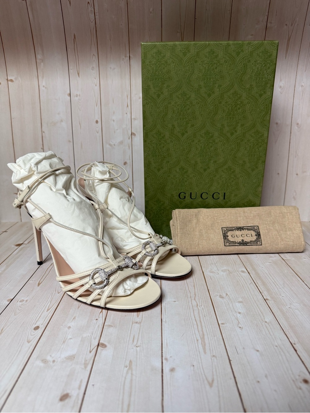 Gucci Ivory Crystal-Strap Ankle-Tie Stiletto Sandals Mystic White sz 39.5 / 9.5
